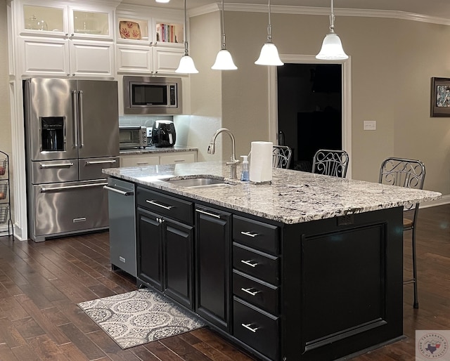 kitchen with appliances with stainless steel finishes, dark cabinetry, a sink, and dark wood-style floors