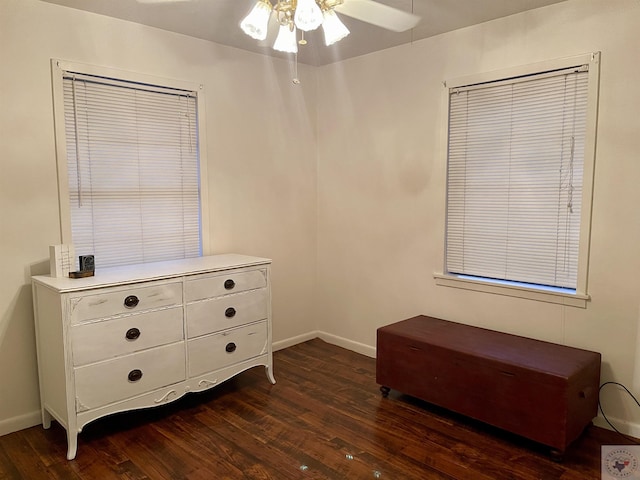 bedroom featuring dark wood-type flooring and ceiling fan