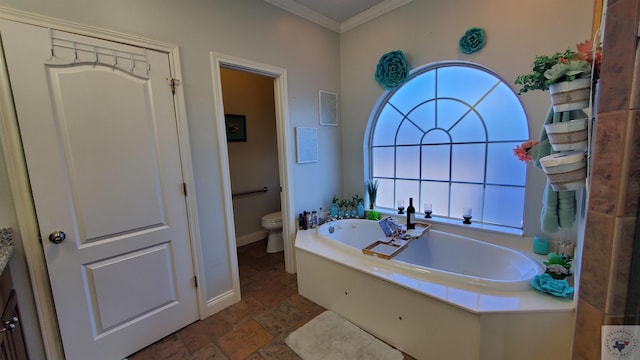 bathroom featuring a bath, crown molding, and toilet