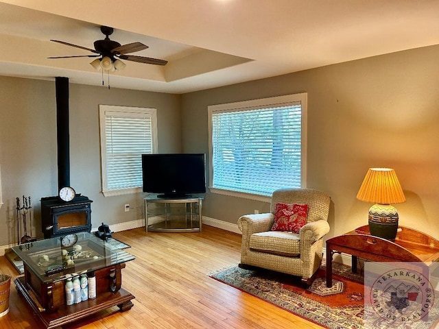 living room featuring light hardwood / wood-style floors, a raised ceiling, ceiling fan, and a wood stove