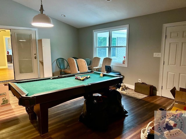 recreation room with lofted ceiling, pool table, and wood-type flooring