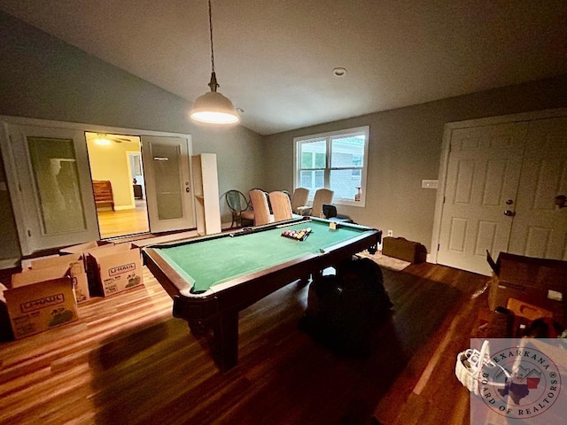 game room with pool table, vaulted ceiling, and hardwood / wood-style floors