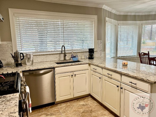 kitchen with light stone counters, sink, ornamental molding, and stainless steel appliances