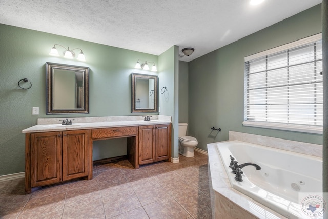 bathroom with toilet, tiled bath, tile patterned floors, and vanity