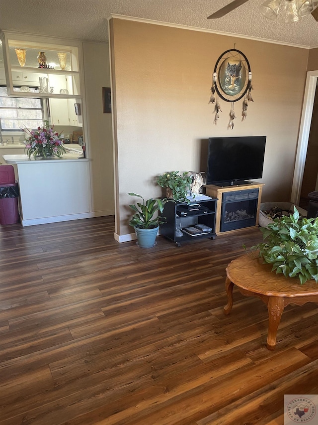 living room with a textured ceiling, dark hardwood / wood-style flooring, and crown molding