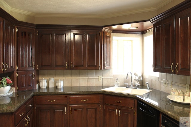 kitchen with sink, tasteful backsplash, black dishwasher, and ornamental molding