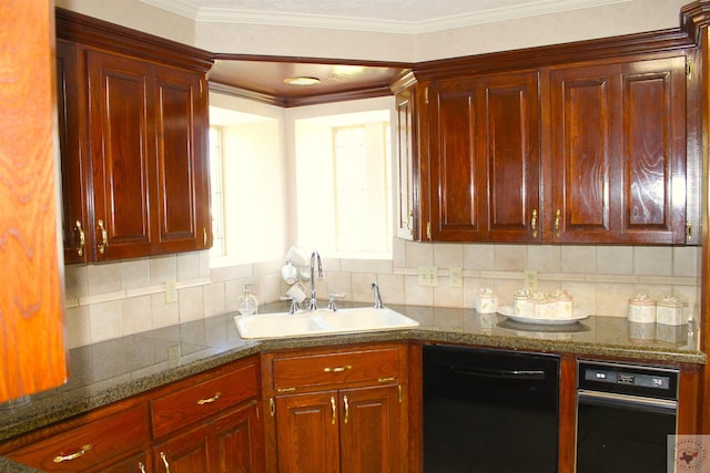 kitchen with sink, dishwasher, crown molding, and decorative backsplash