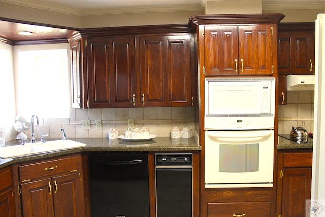 kitchen with black appliances, ventilation hood, backsplash, and sink