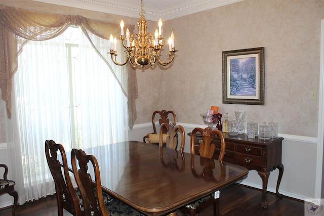 dining area featuring a wealth of natural light, ornamental molding, dark hardwood / wood-style floors, and an inviting chandelier