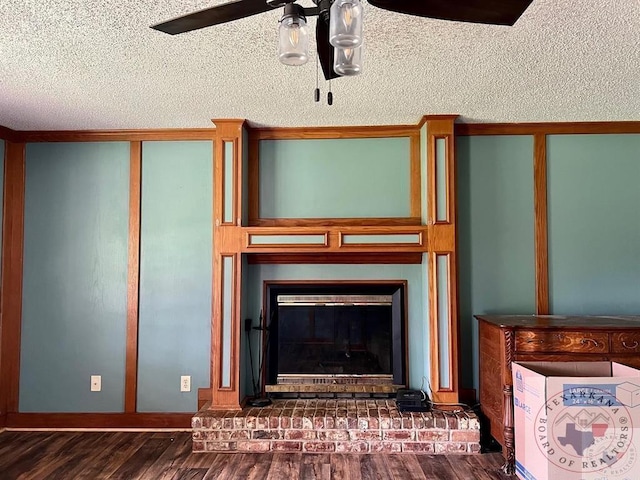 details with a brick fireplace, hardwood / wood-style floors, and ceiling fan