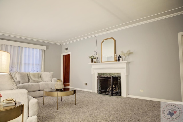 carpeted living room with crown molding