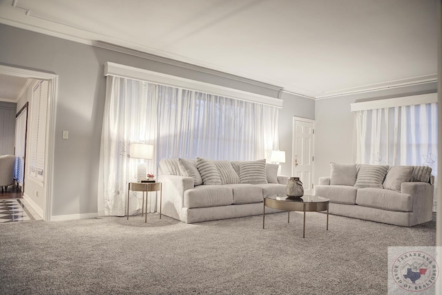 living room featuring ornamental molding and carpet floors