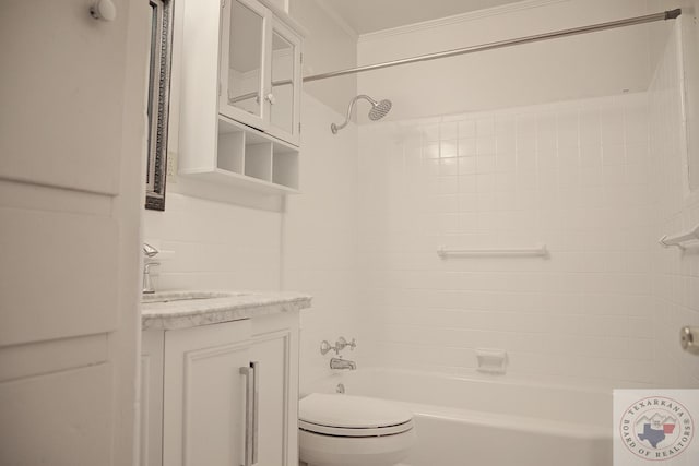 full bathroom featuring vanity, toilet, bathtub / shower combination, and ornamental molding