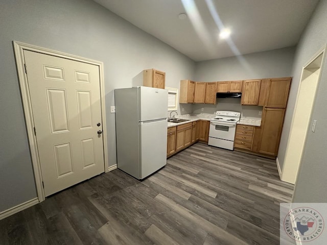 kitchen featuring sink, white appliances, and dark wood-type flooring