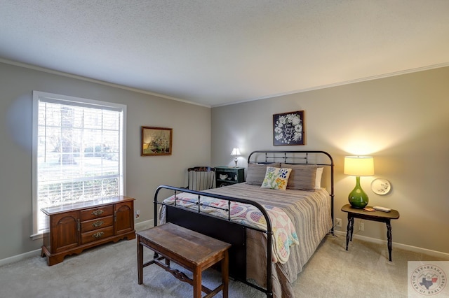 carpeted bedroom with ornamental molding