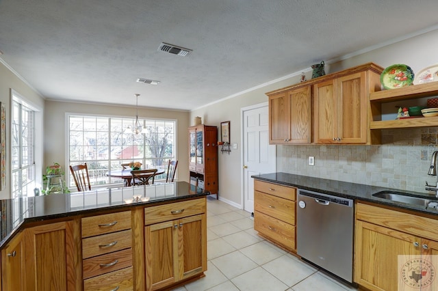 kitchen with sink, backsplash, stainless steel dishwasher, and crown molding