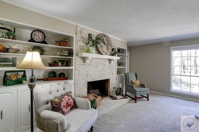 carpeted living room featuring built in shelves, a textured ceiling, and a brick fireplace