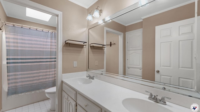 2 Spring Valley Ln, Texarkana, AR 71854 - bathroom with tile patterned flooring, toilet, double vanity, ornamental molding, and shower / bath combo