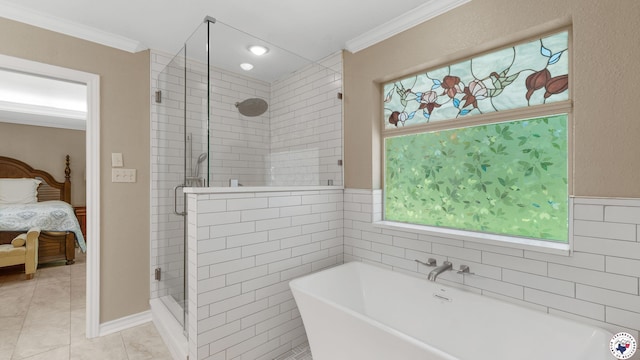 2 Spring Valley Ln, Texarkana, AR 71854 - full bathroom featuring ensuite bath, a shower stall, a soaking tub, ornamental molding, and tile patterned floors