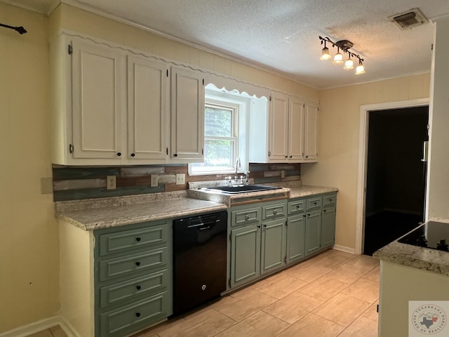 30 Broadmoor Dr, Texarkana, AR 71854 - kitchen featuring black appliances, green cabinets, light tile patterned flooring, crown molding, and a sink