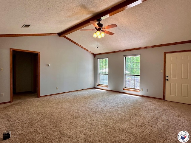 3119CLEARCREE Clear Crk, Texarkana, TX 75503 - unfurnished room with a textured ceiling, carpet flooring, ceiling fan, baseboards, and ornamental molding