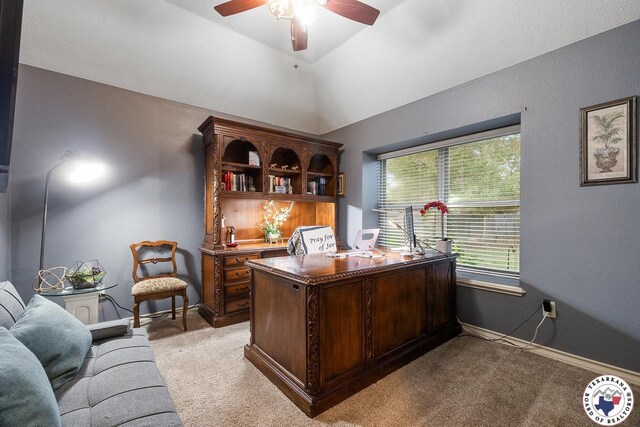 6404 N Park Rd, Texarkana, TX 75503 - office space with baseboards, ceiling fan, vaulted ceiling, and light colored carpet