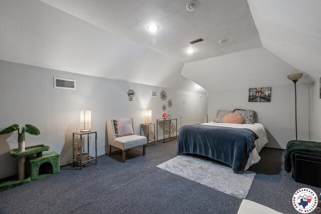 6404 N Park Rd, Texarkana, TX 75503 - bedroom featuring visible vents, carpet flooring, and vaulted ceiling