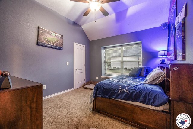 6404 N Park Rd, Texarkana, TX 75503 - bedroom with carpet floors, baseboards, a ceiling fan, and lofted ceiling