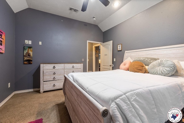6404 N Park Rd, Texarkana, TX 75503 - carpeted bedroom with visible vents, baseboards, ceiling fan, and lofted ceiling