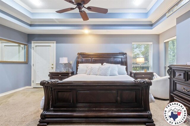 6404 N Park Rd, Texarkana, TX 75503 - bedroom with light colored carpet, a raised ceiling, crown molding, and baseboards