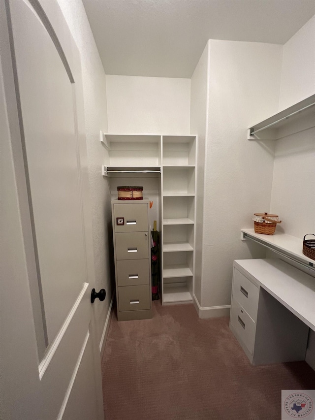 walk in closet featuring dark carpet