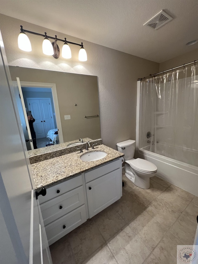 full bathroom with toilet, a textured ceiling, shower / bath combination with curtain, and vanity