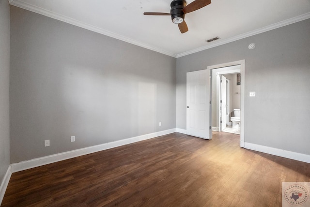 unfurnished bedroom with crown molding, hardwood / wood-style flooring, and ceiling fan