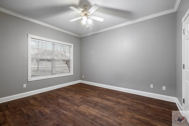 unfurnished room with ceiling fan, dark wood-type flooring, and ornamental molding