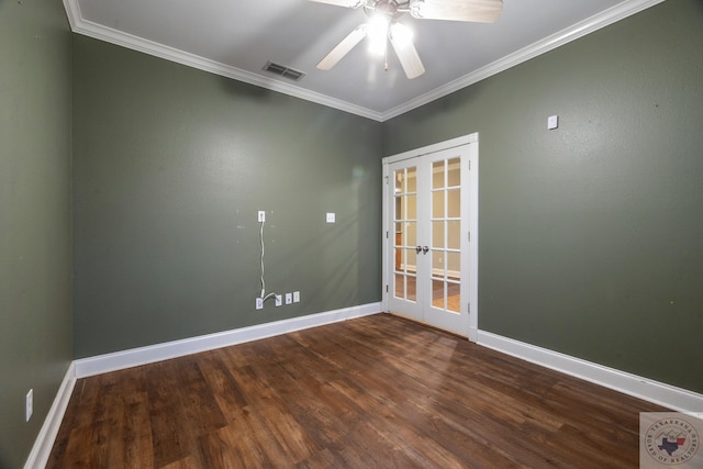 unfurnished room featuring french doors, ornamental molding, and dark hardwood / wood-style flooring