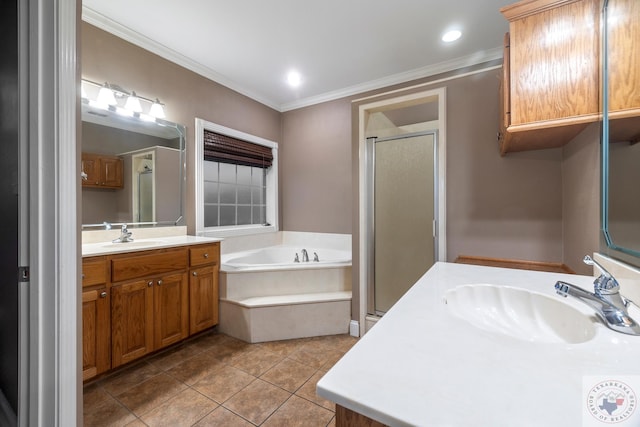 bathroom with vanity, separate shower and tub, ornamental molding, and tile patterned floors