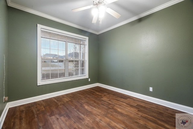 spare room with hardwood / wood-style flooring, ceiling fan, and crown molding