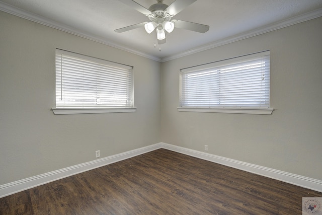 unfurnished room with plenty of natural light, wood finished floors, a ceiling fan, and baseboards