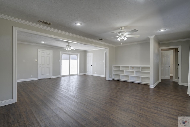 unfurnished living room featuring visible vents, dark wood finished floors, a textured ceiling, and ceiling fan