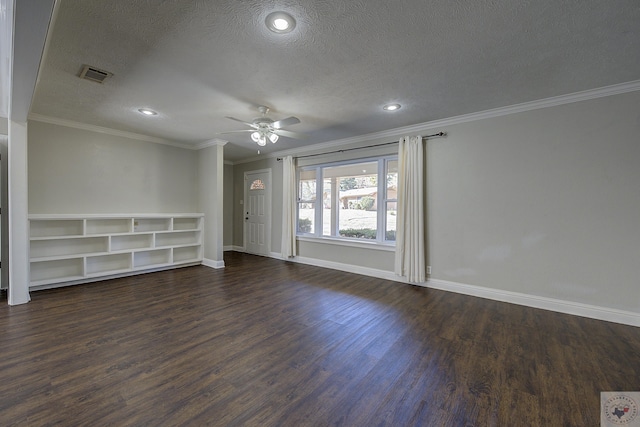 unfurnished living room with baseboards, visible vents, a ceiling fan, dark wood-style flooring, and crown molding