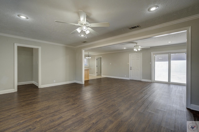 unfurnished room featuring dark wood-type flooring, visible vents, a textured ceiling, and ceiling fan with notable chandelier