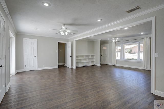 unfurnished living room featuring visible vents, dark wood-type flooring, and ornamental molding