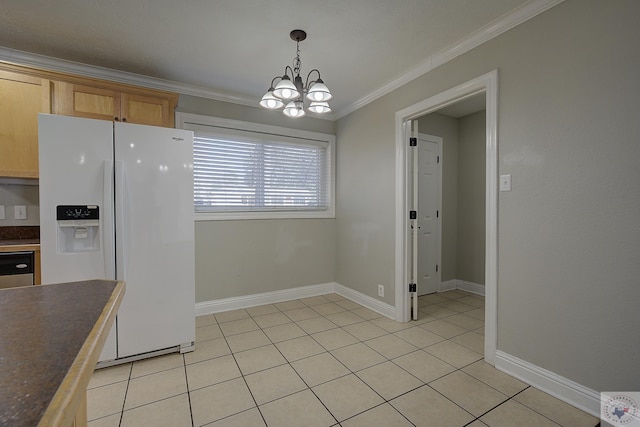 kitchen featuring crown molding, dark countertops, light tile patterned flooring, white fridge with ice dispenser, and baseboards