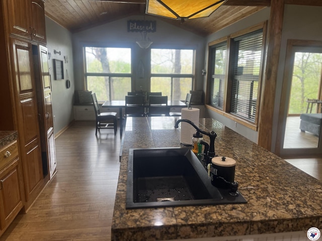 kitchen featuring wood ceiling, hardwood / wood-style flooring, a healthy amount of sunlight, and a sink