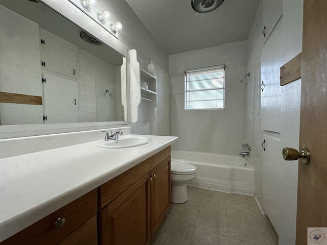 full bathroom featuring vanity, toilet,  shower combination, and tile patterned flooring