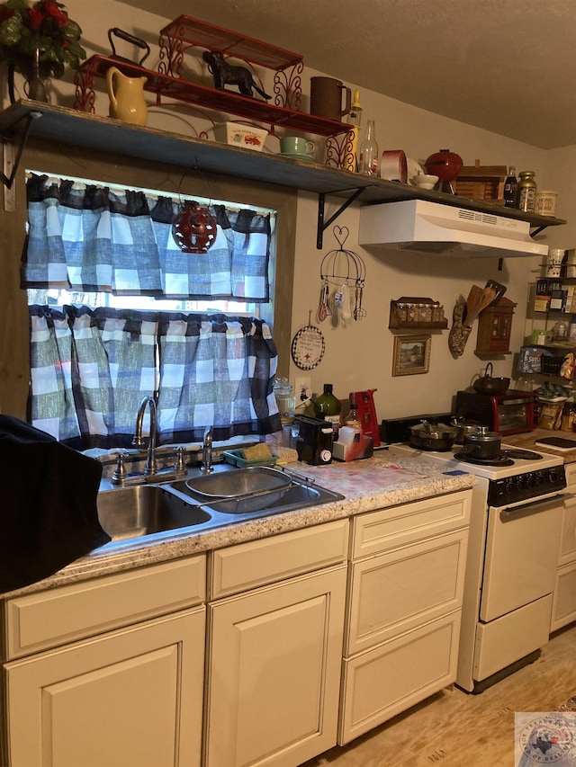 kitchen with sink, electric range, white cabinets, and light hardwood / wood-style flooring