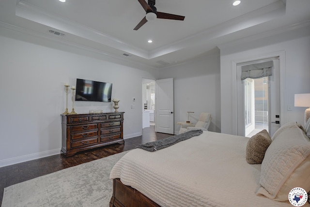 8203 Teal Rd, Texarkana, TX 75503 - bedroom featuring a raised ceiling, wood finished floors, ornamental molding, recessed lighting, and a ceiling fan