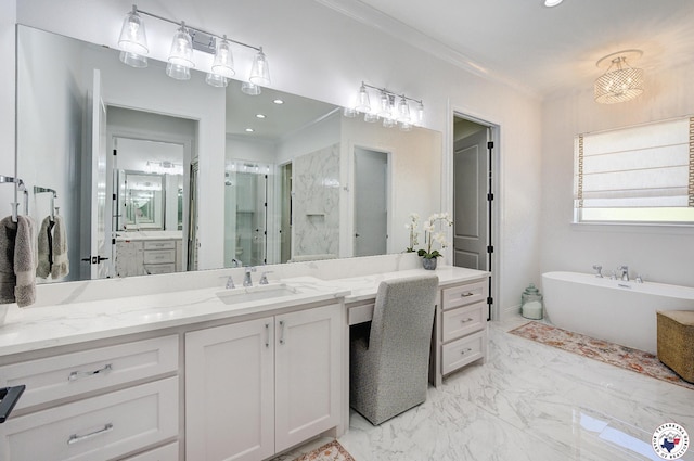 8203 Teal Rd, Texarkana, TX 75503 - full bath featuring vanity, a freestanding tub, a shower, ornamental molding, and marble finish floors