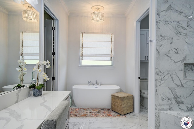 8203 Teal Rd, Texarkana, TX 75503 - full bathroom with a freestanding tub, marble finish flooring, vanity, and ornamental molding