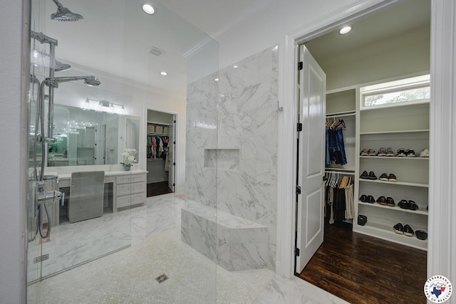8203 Teal Rd, Texarkana, TX 75503 - bathroom featuring a walk in closet, a marble finish shower, crown molding, recessed lighting, and marble finish flooring